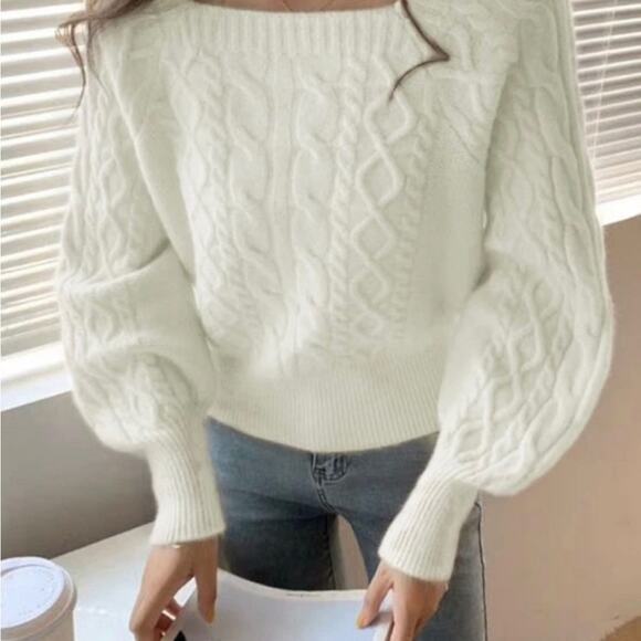 Shein Cable Knit Sweater Cropped Balloon Sleeves Ivory - Picture 1 of 6